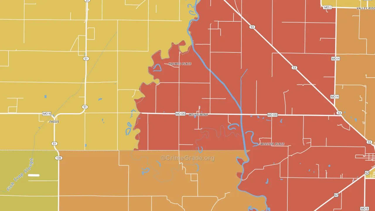 Wilhelmina, MO Map of Robbery Rates
