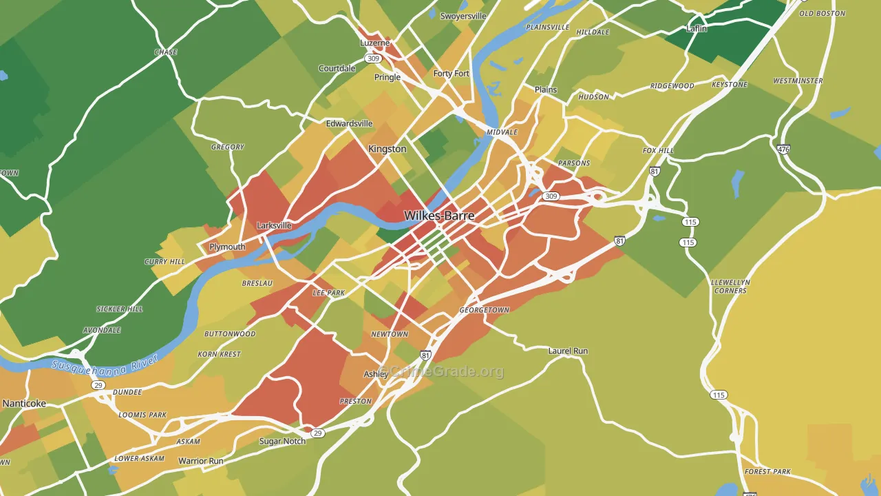 Wilkes-Barre, PA Map of Robbery Rates