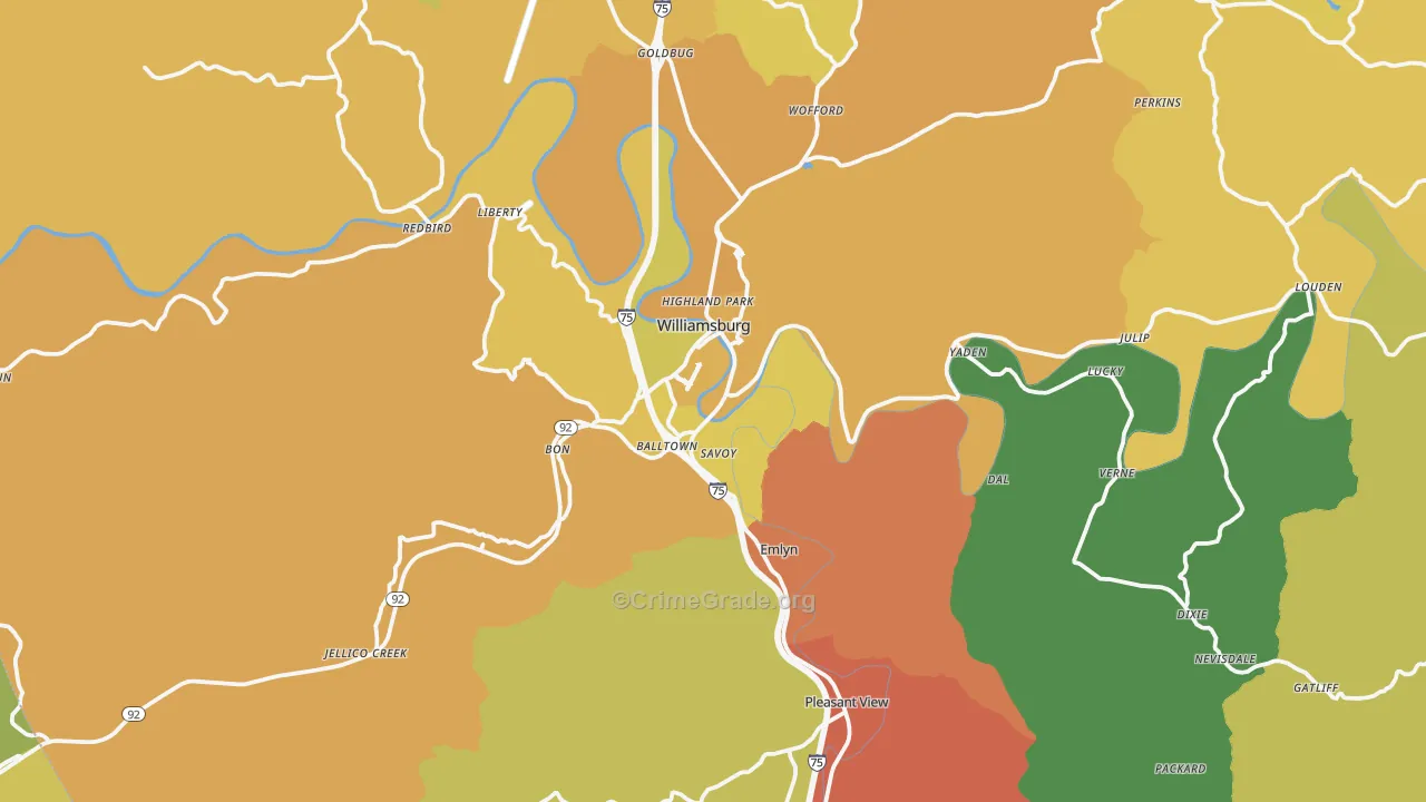 Williamsburg, KY Map of Robbery Rates