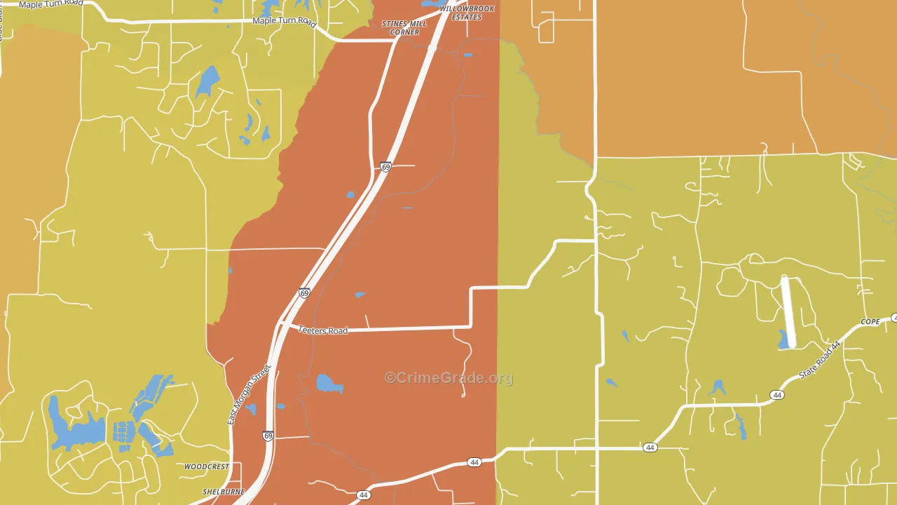 Willowbrook Estates, IN Map of Robbery Rates