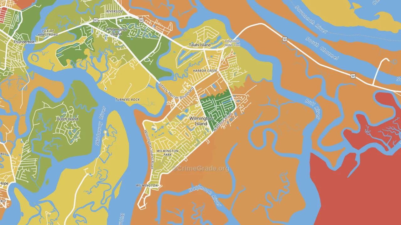 Wilmington Island, GA Map of Robbery Rates