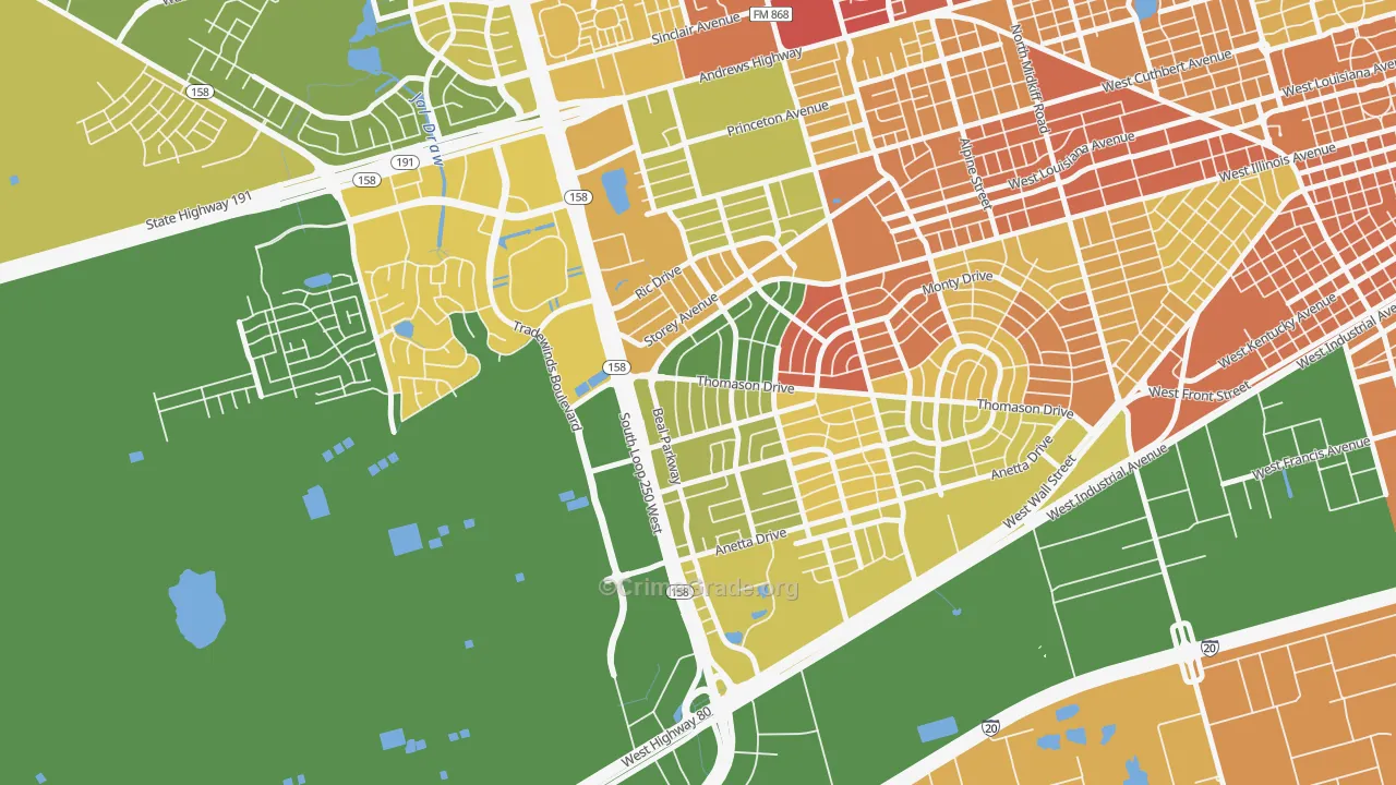 Wilshire Park, Midland, TX Map of Robbery Rates