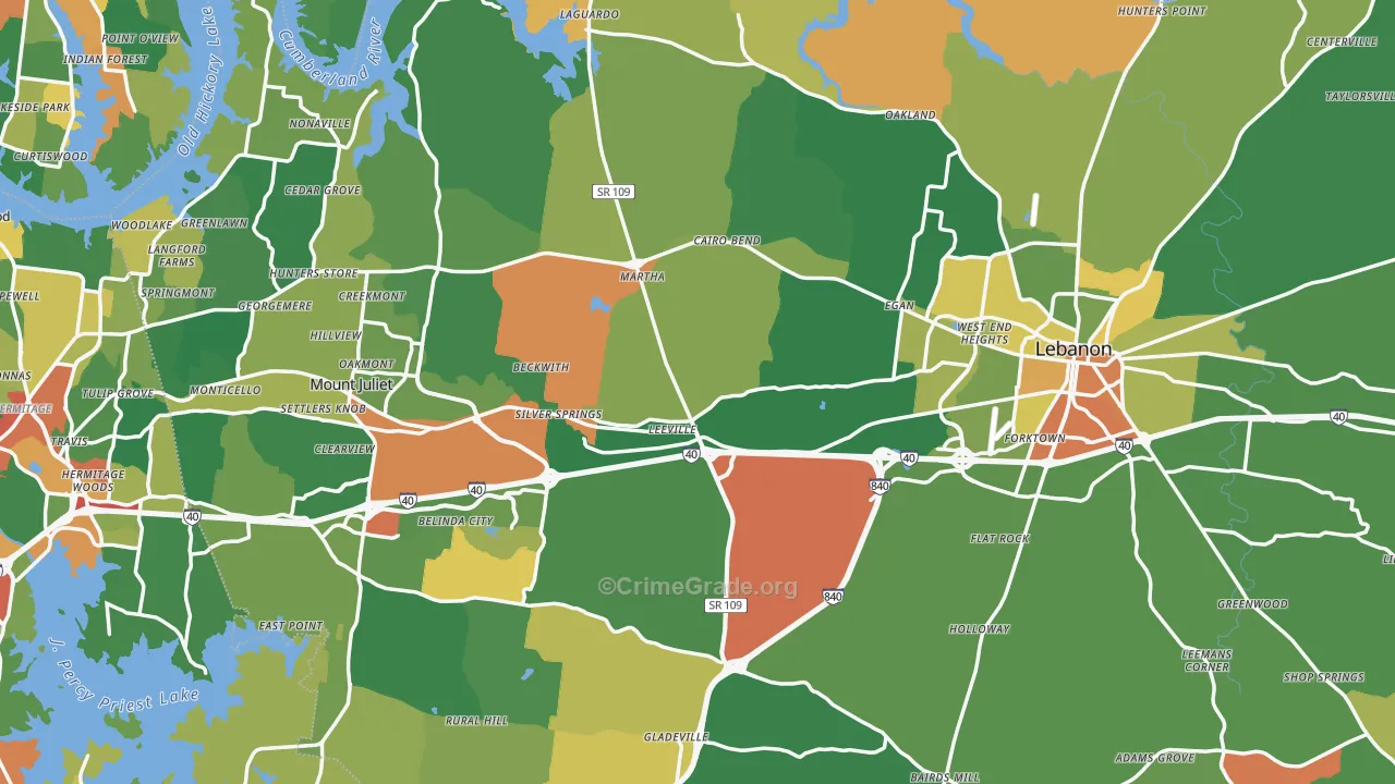 Wilson County, TN Map of Robbery Rates