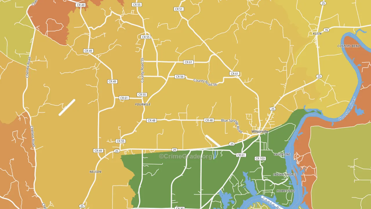 Wilsonville, AL Map of Robbery Rates