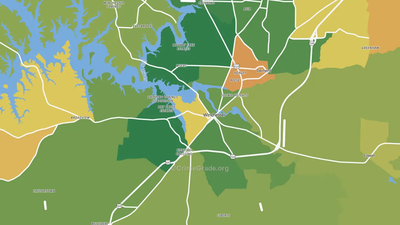 Winchester, TN Map of Robbery Rates