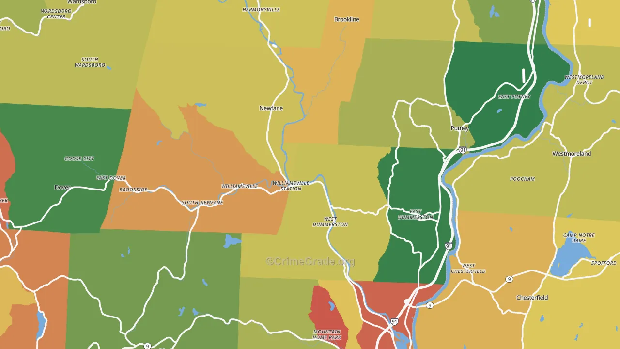 Windham County, VT Map of Robbery Rates
