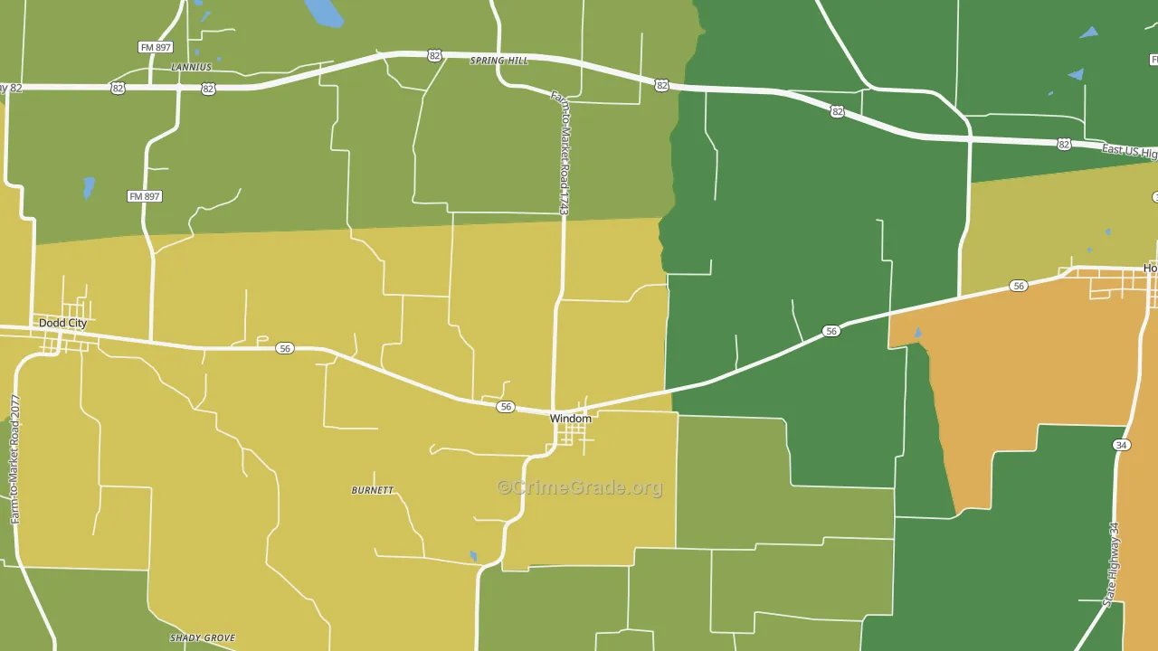 Windom, TX Map of Robbery Rates