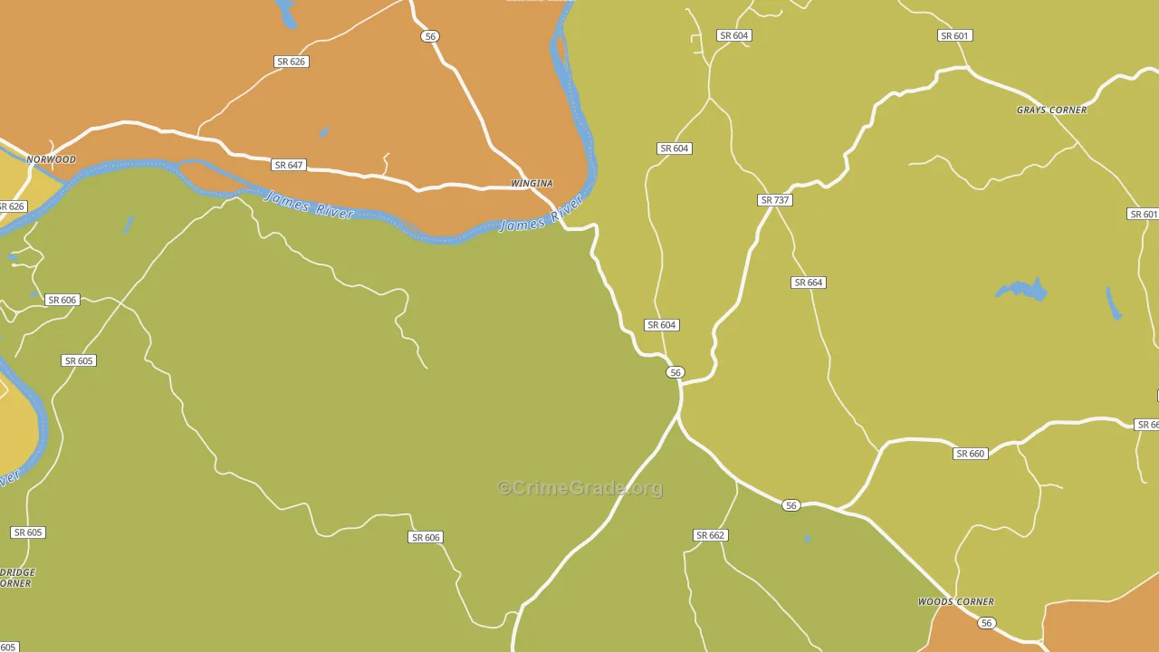 Wingina, VA Map of Robbery Rates