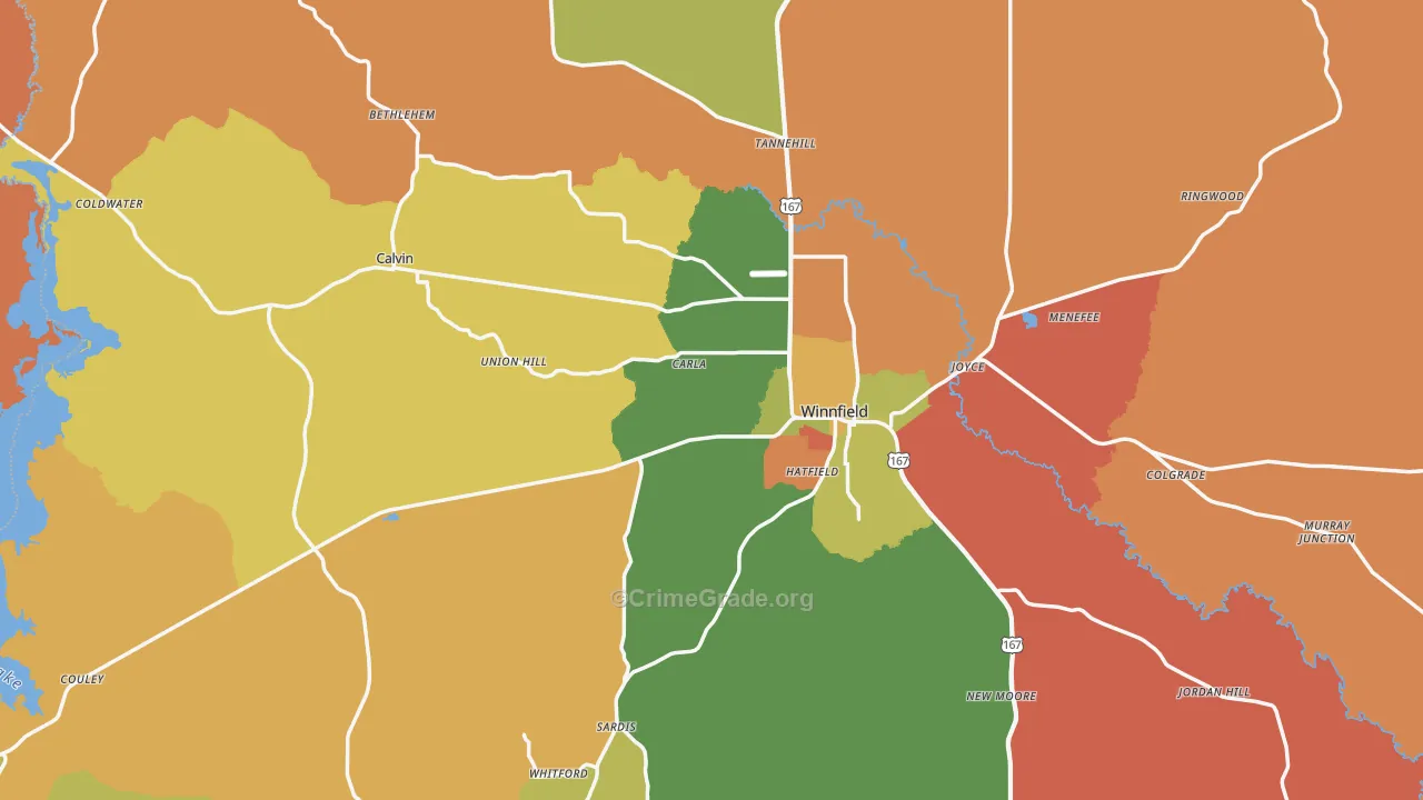 Winn Parish, LA Map of Robbery Rates