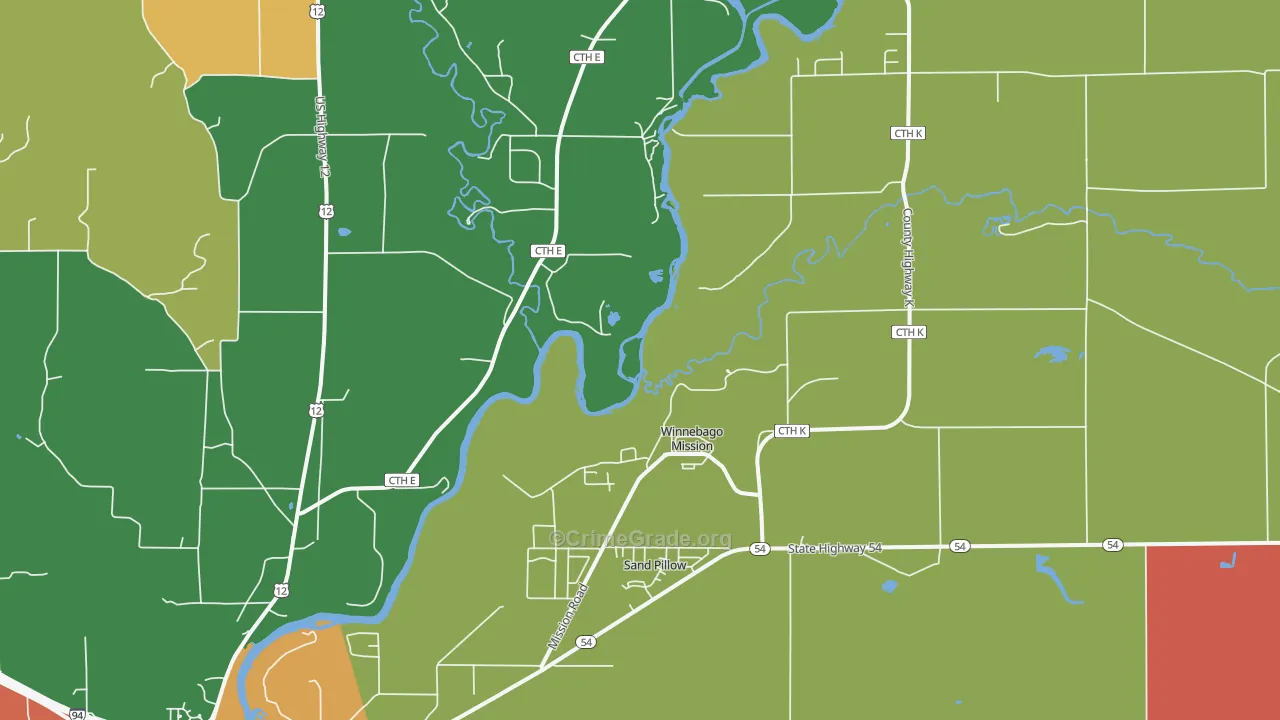 Winnebago Mission, WI Map of Robbery Rates