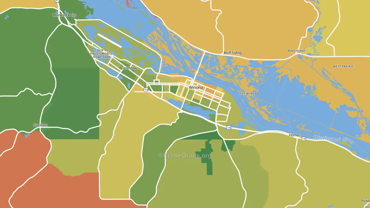 Winona, MN Map of Robbery Rates