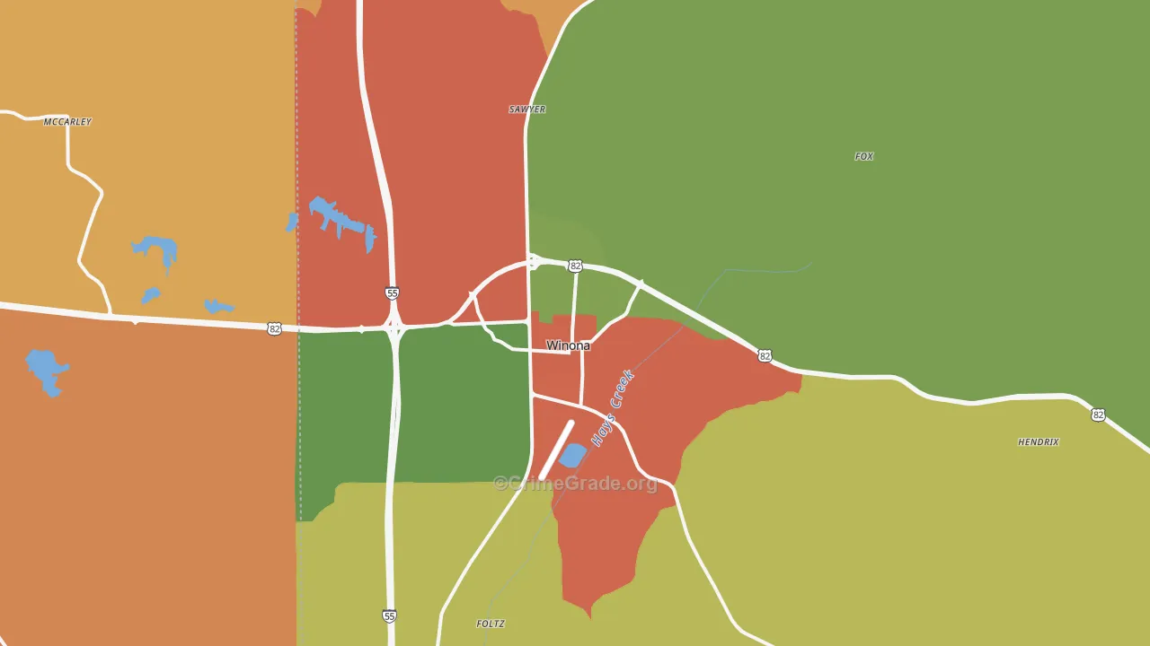 Winona, MS Map of Robbery Rates