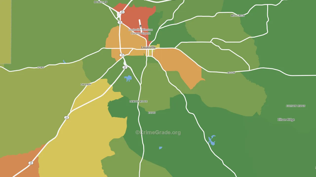 Winston County, MS Map of Robbery Rates
