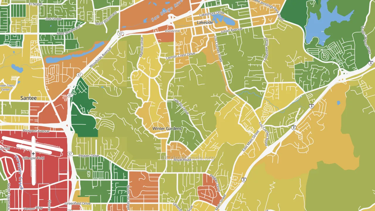 Winter Gardens, Lakeside, CA Map of Robbery Rates