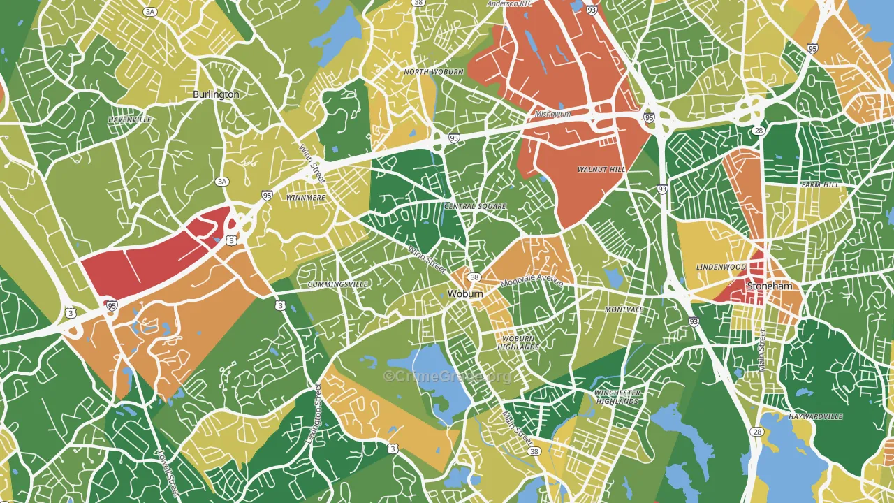 Woburn, MA Map of Robbery Rates