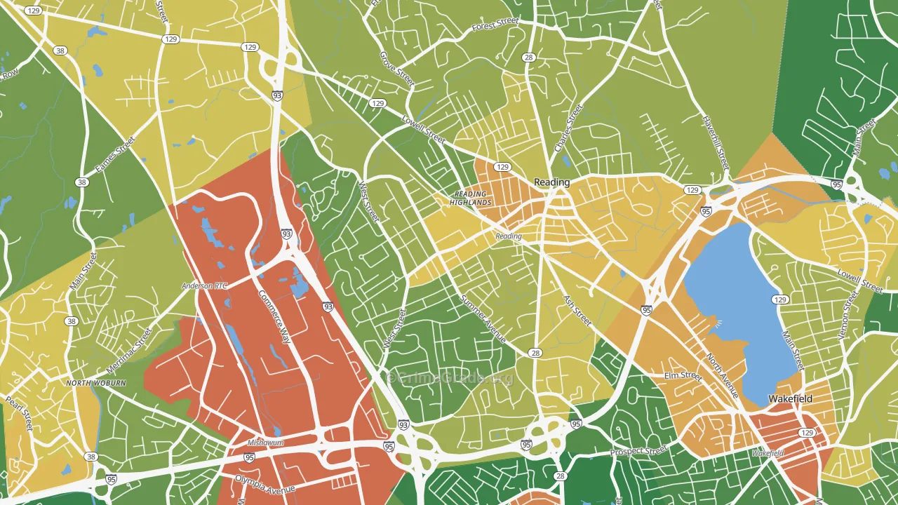 Woburn Street Historic District, Reading, MA Map of Robbery Rates