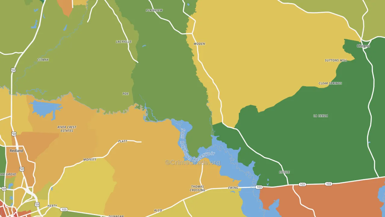 Woden, TX Map of Robbery Rates