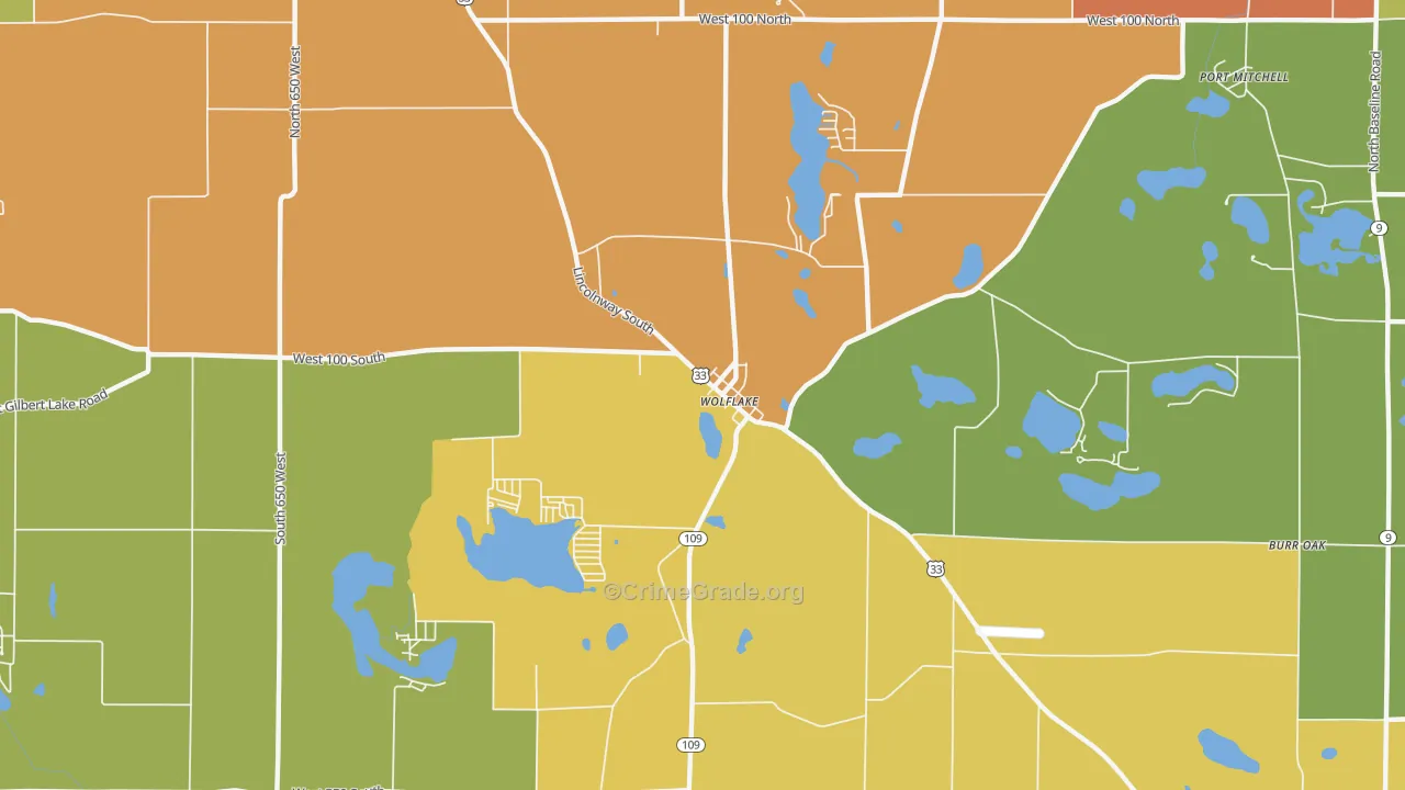 Wolflake, IN Map of Robbery Rates