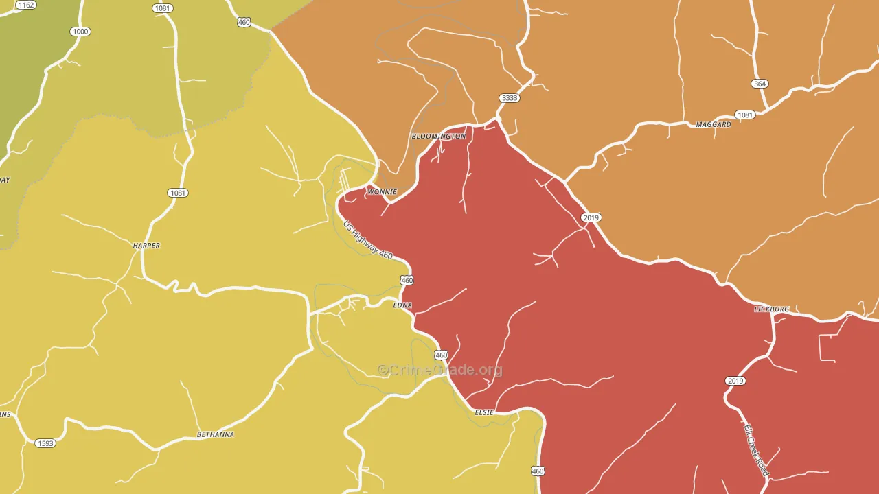 Wonnie, KY Map of Robbery Rates