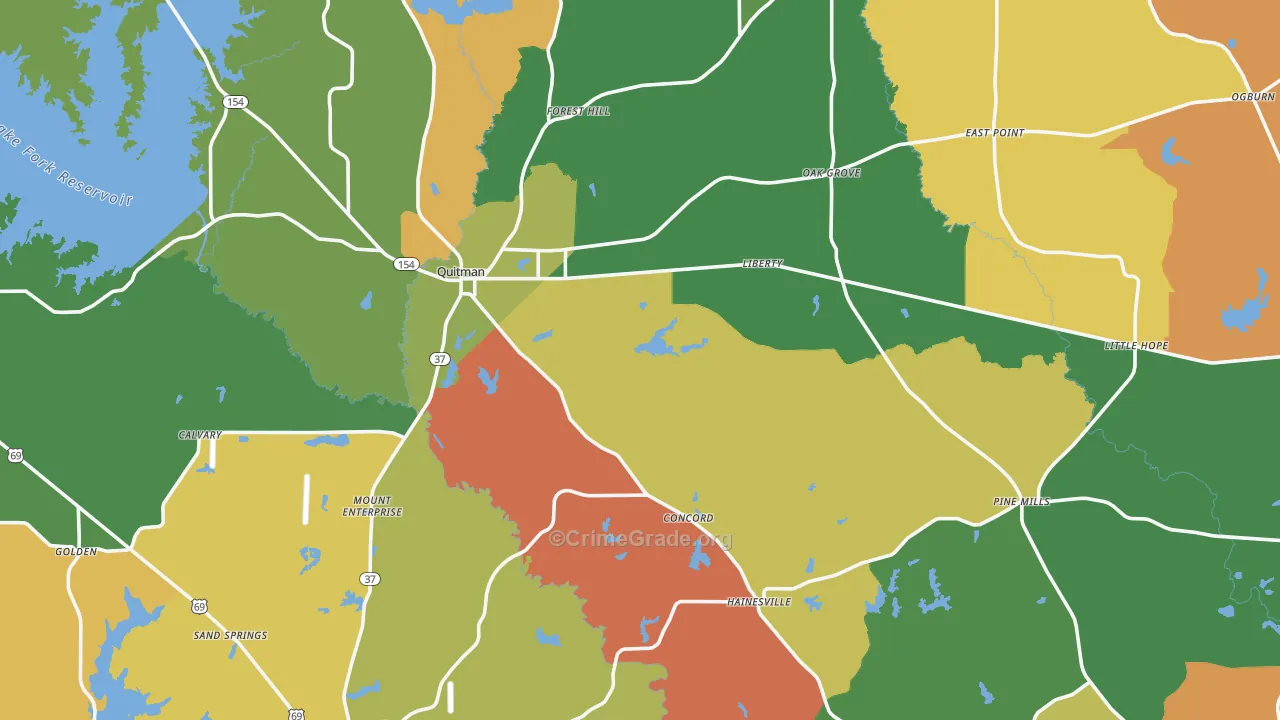 Wood County, TX Map of Robbery Rates