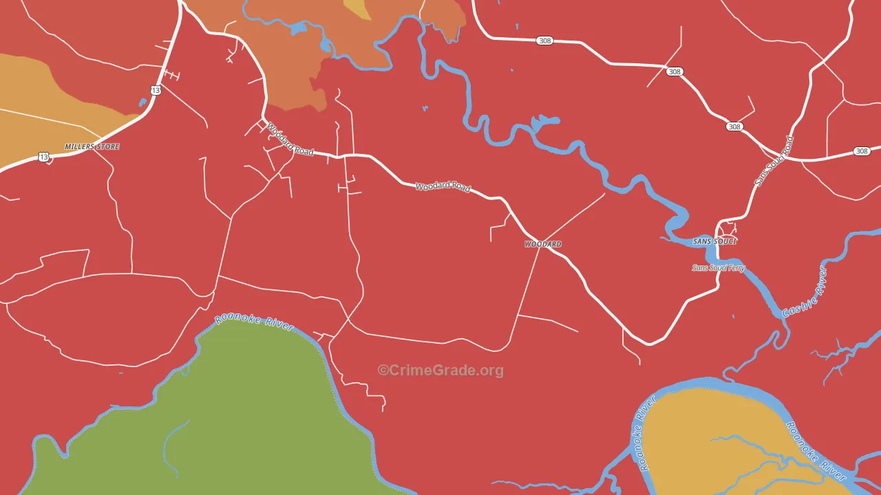Woodard, NC Map of Robbery Rates