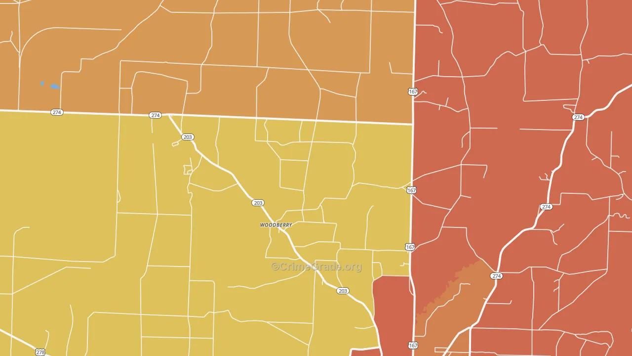 Woodberry, AR Map of Robbery Rates