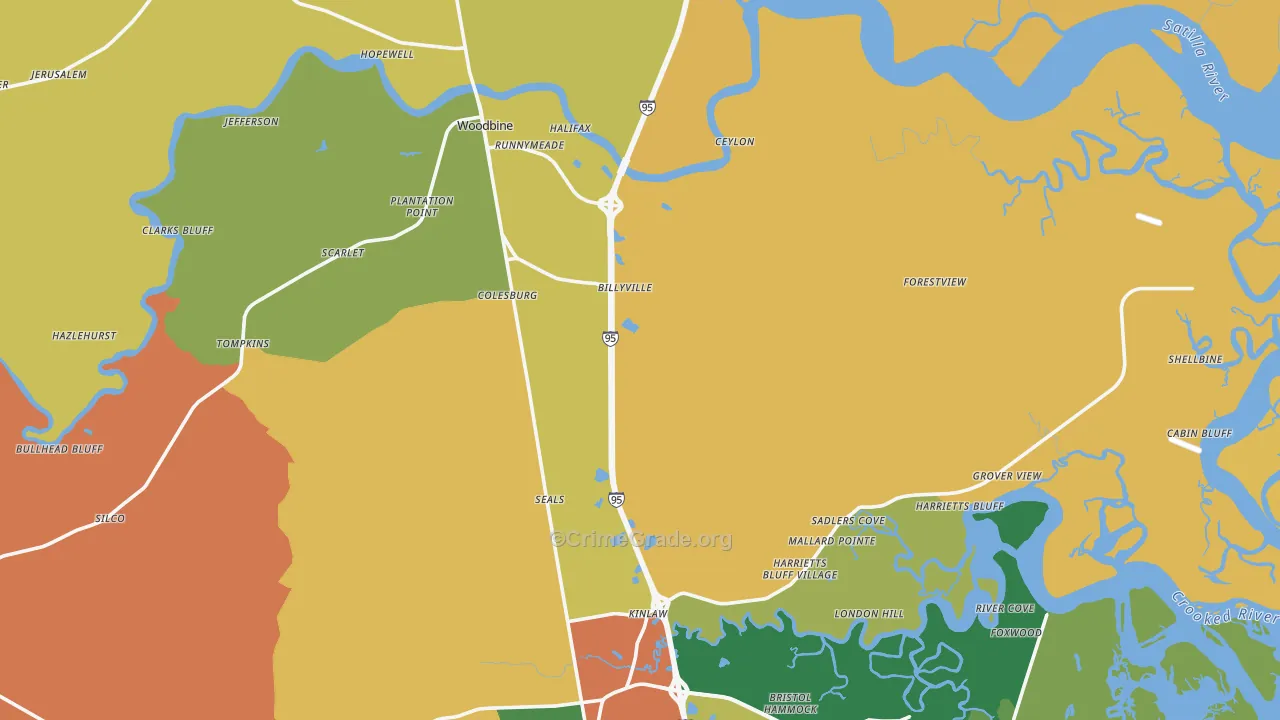 Woodbine, GA Map of Robbery Rates