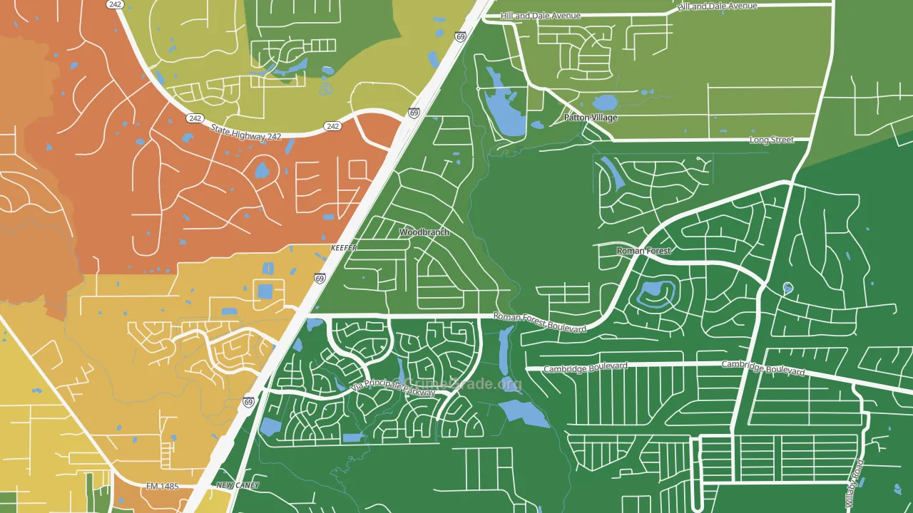 Woodbranch, TX Map of Robbery Rates