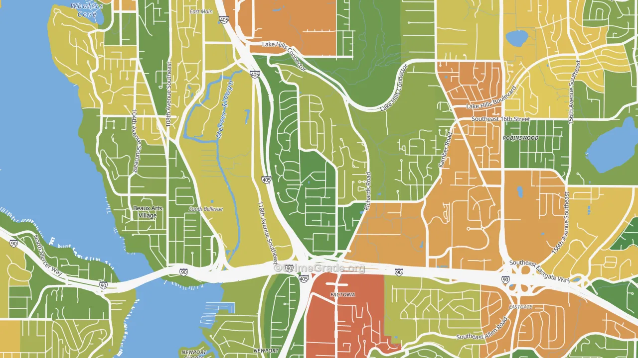 Woodbridge, Bellevue, WA Map of Robbery Rates