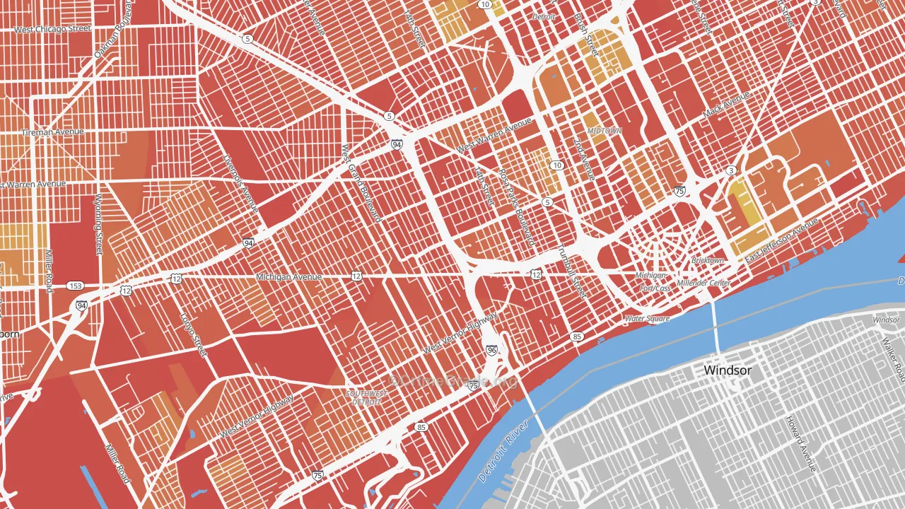 Woodbridge, Detroit, MI Map of Robbery Rates