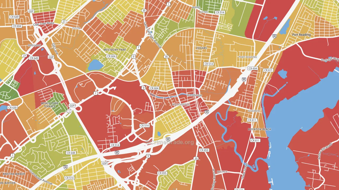 Woodbridge, NJ Map of Robbery Rates