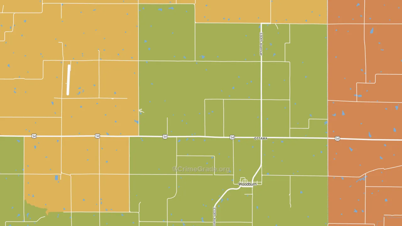 Woodburn, IA Map of Robbery Rates
