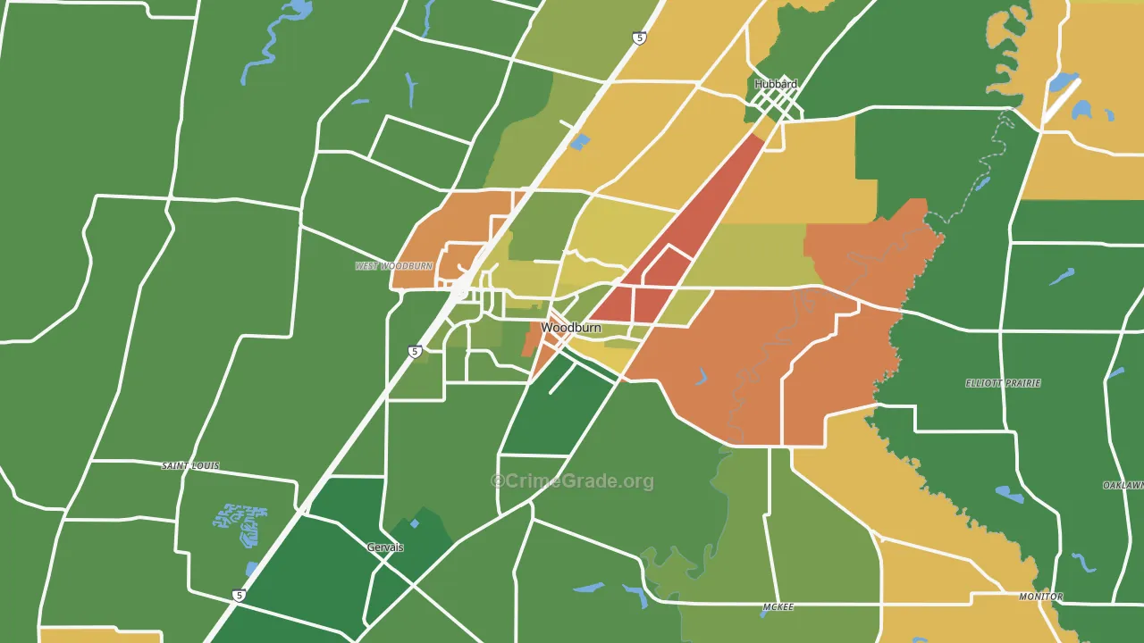 Woodburn, OR Map of Robbery Rates