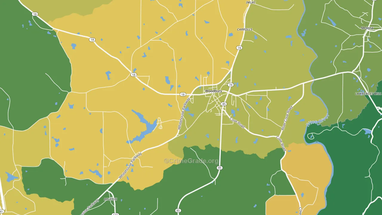 Woodbury, GA Map of Robbery Rates