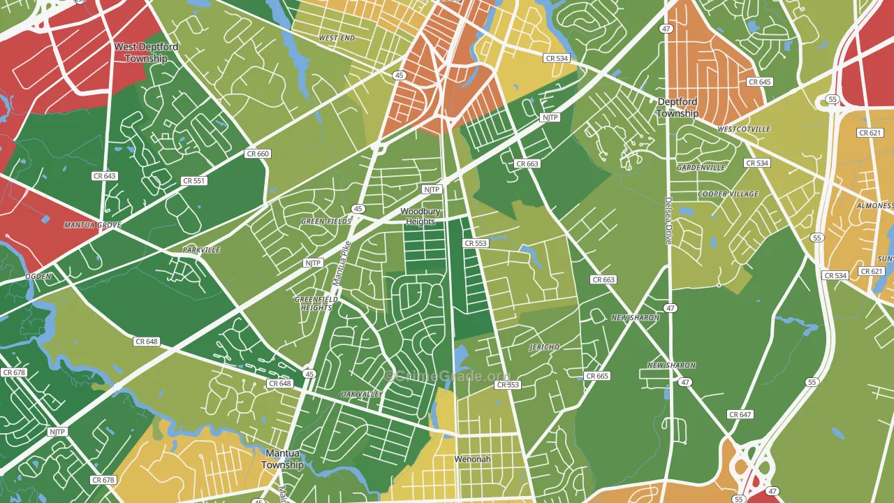 Woodbury Heights, NJ Map of Robbery Rates