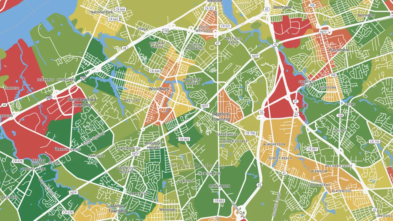 Woodbury, NJ Map of Robbery Rates