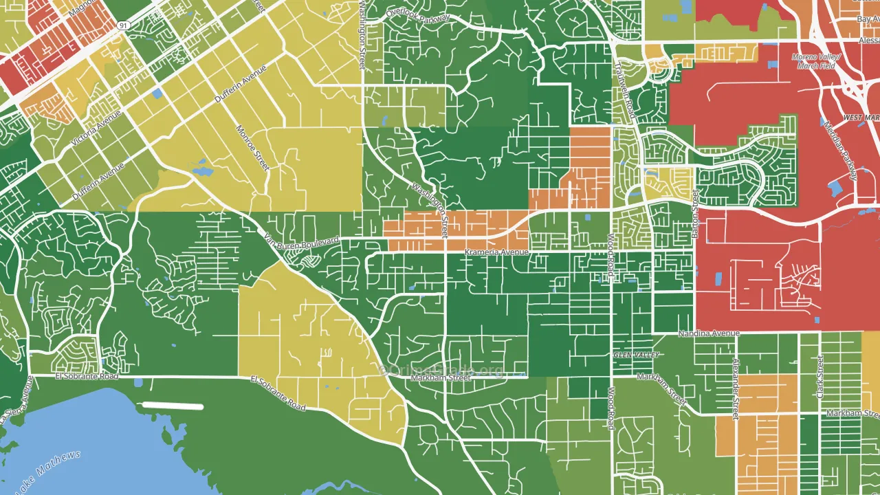 Woodcrest, CA Map of Robbery Rates