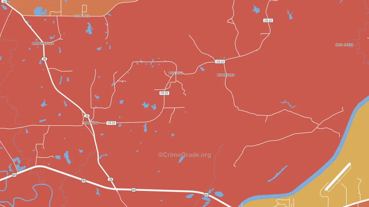 Woodford, AL Map of Robbery Rates