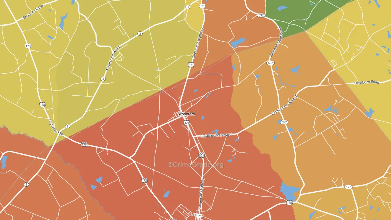 Woodford, SC Map of Robbery Rates