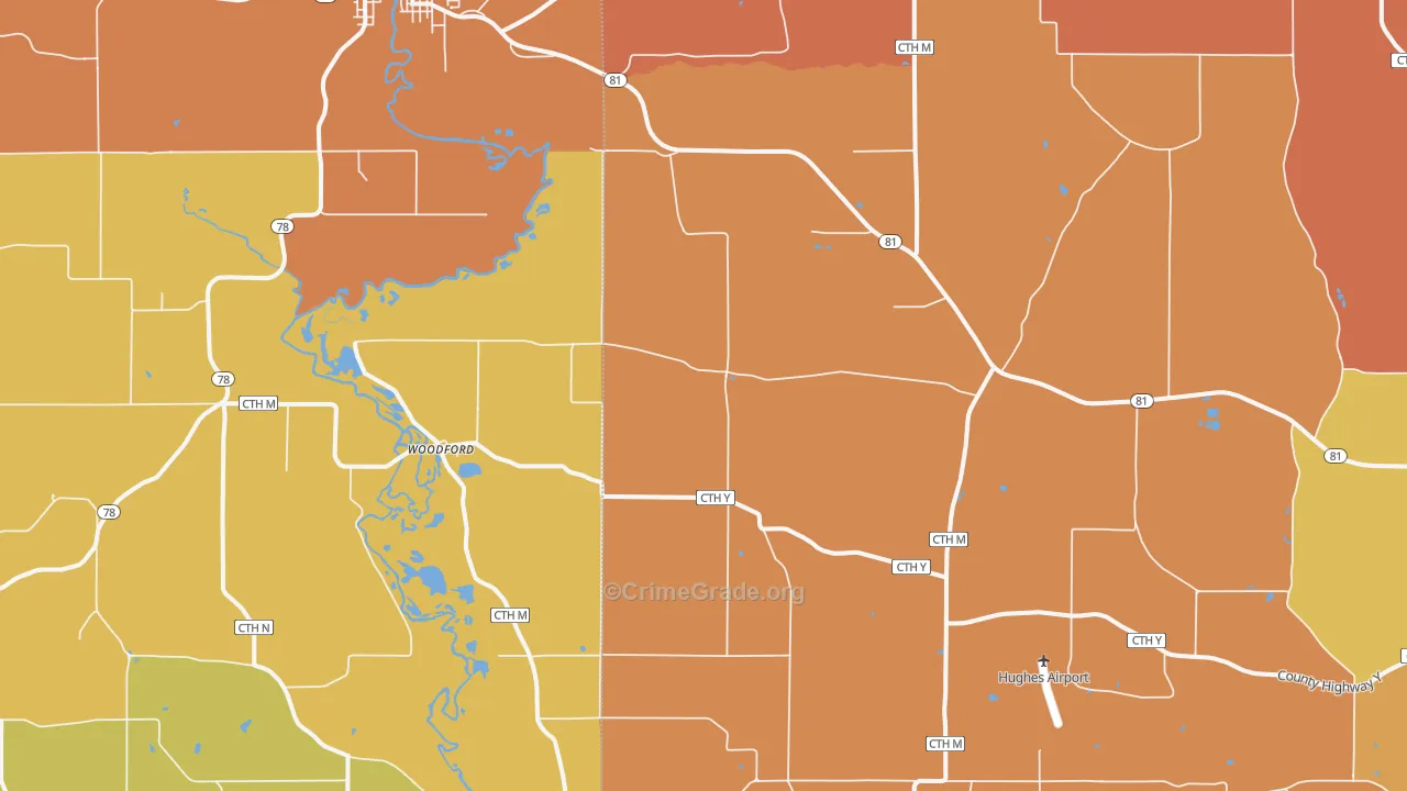 Woodford, WI Map of Robbery Rates