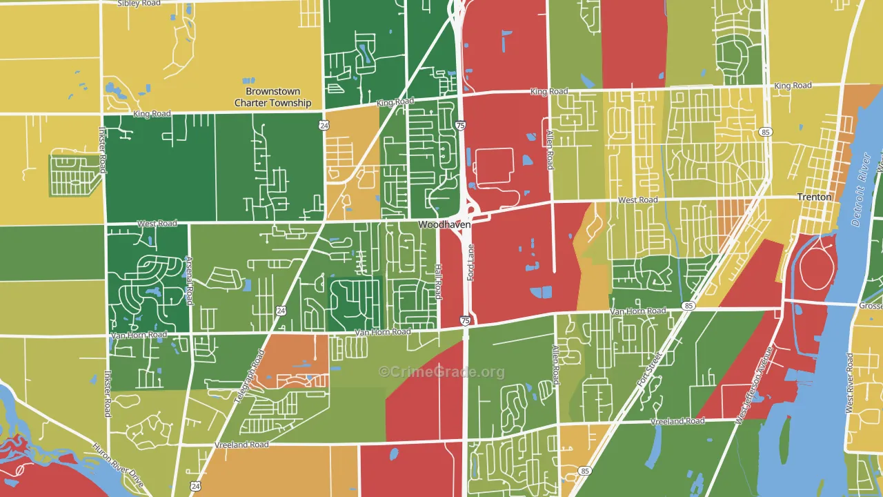 Woodhaven, MI Map of Robbery Rates