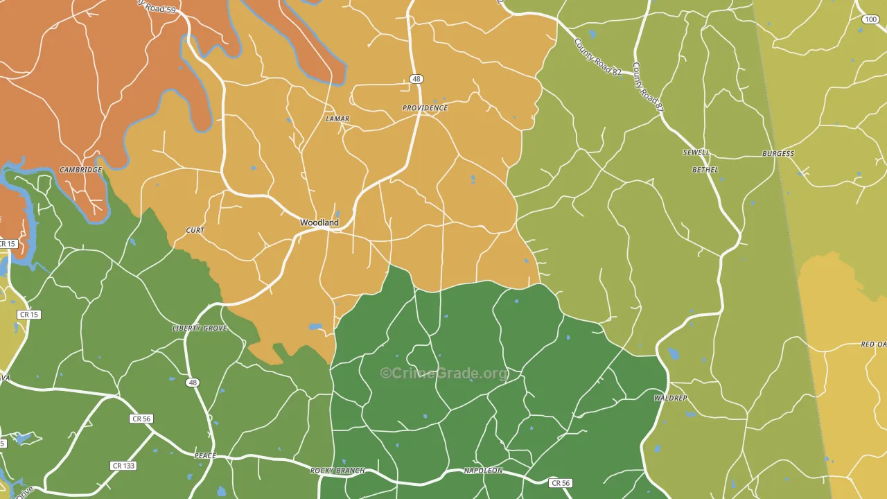 Woodland, AL Map of Robbery Rates