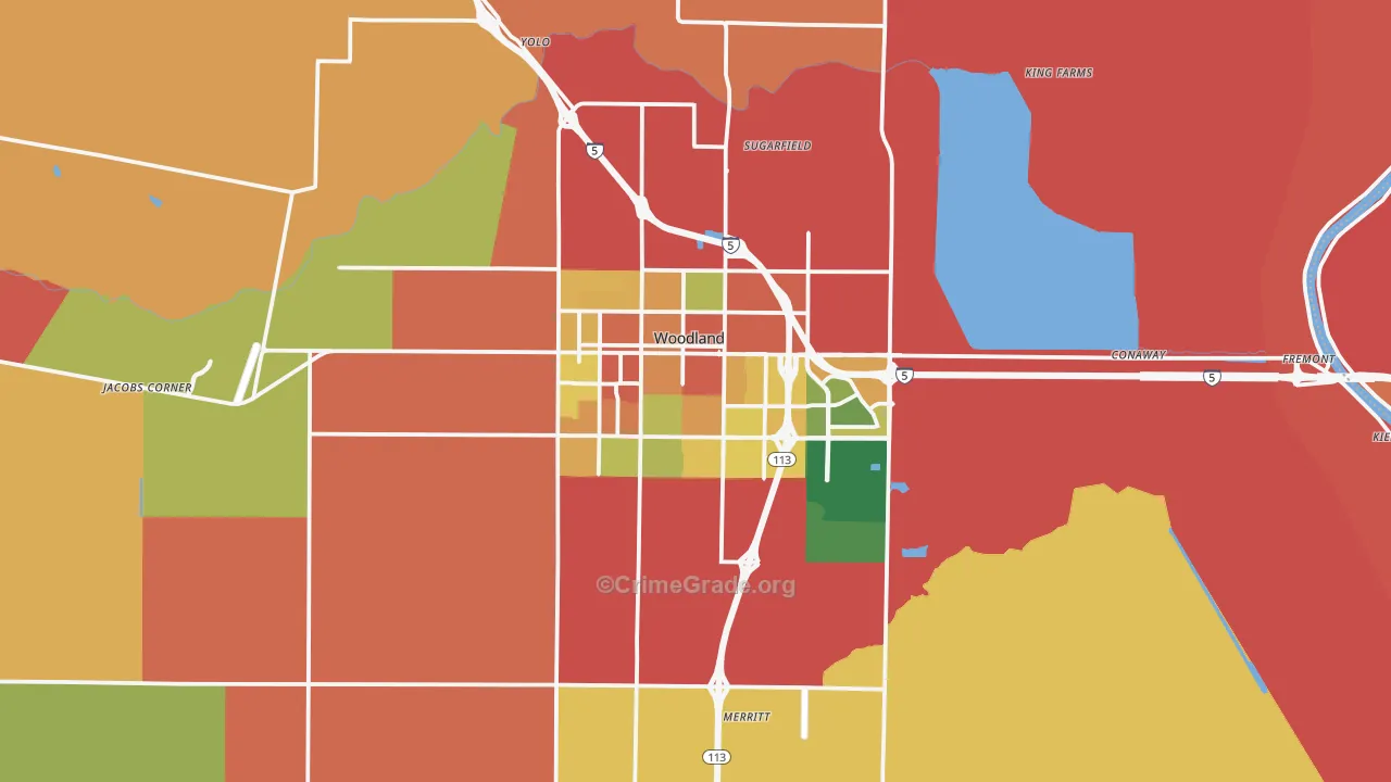 Woodland, CA Map of Robbery Rates