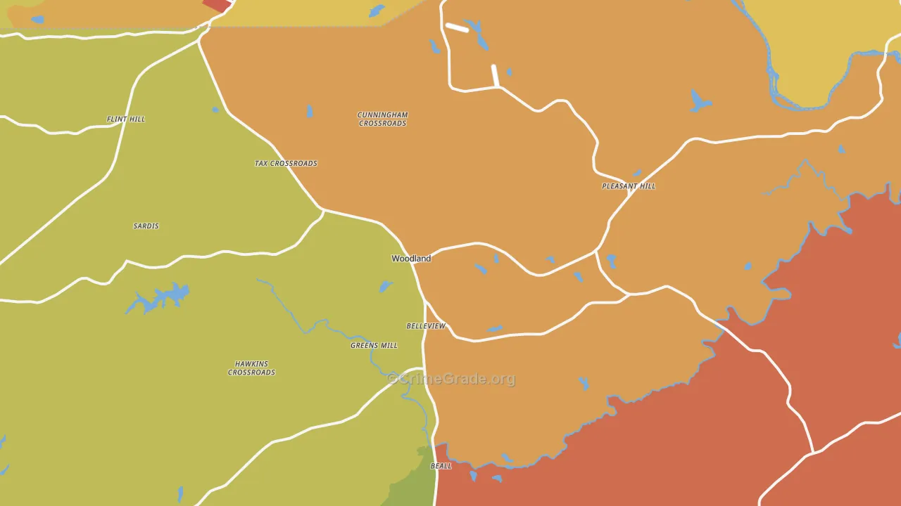 Woodland, GA Map of Robbery Rates