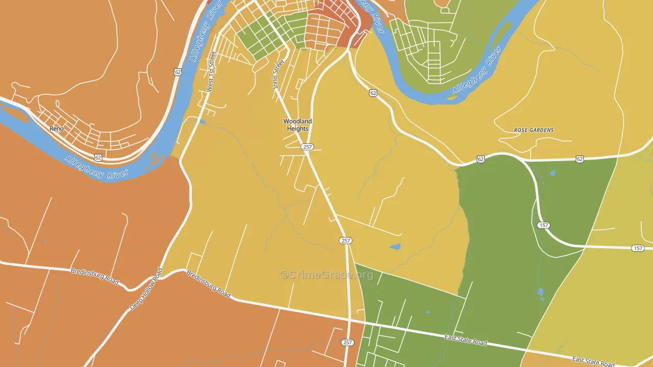 Woodland Heights, PA Map of Robbery Rates