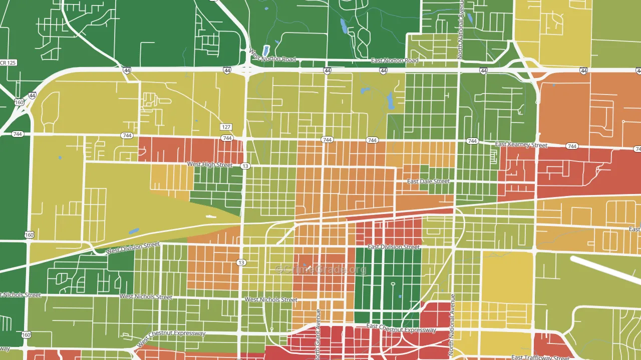 Woodland Heights, Springfield, MO Map of Robbery Rates
