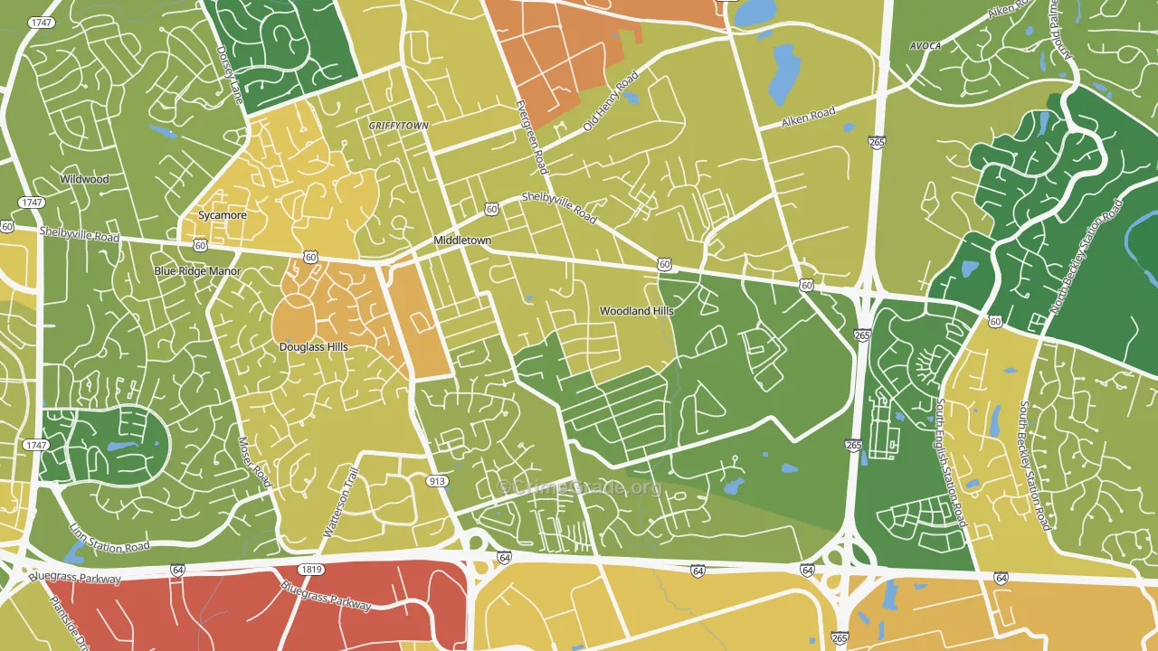 Woodland Hills, KY Map of Robbery Rates