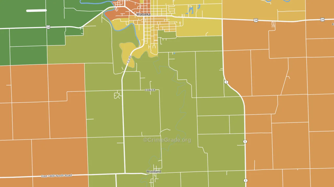 Woodland, IL Map of Robbery Rates
