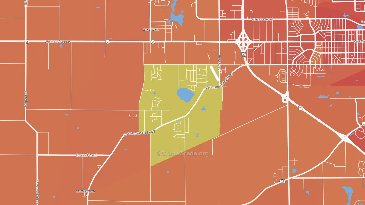 Woodland, IN Map of Robbery Rates