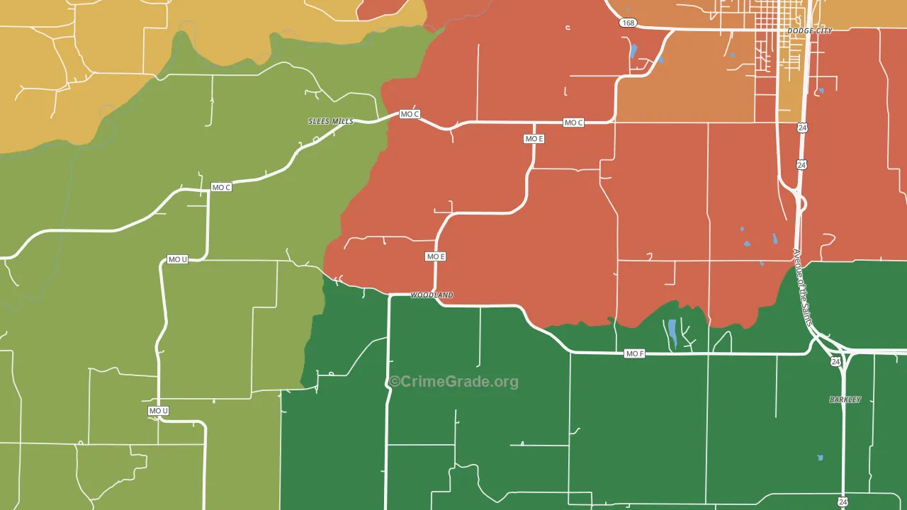 Woodland, MO Map of Robbery Rates